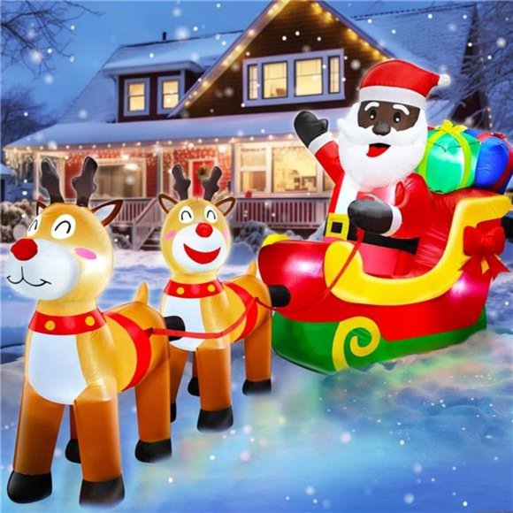 8 Ft Christmas Inflatables Black Santa Claus On Sleigh with Reindeer & Gift Box